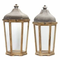 Hot Sale 🔥 Brown Iron & Wood Lantern Set, 28.5" & 33" by Melrose ⭐