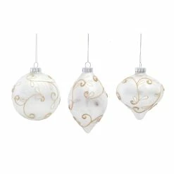 Budget 🎁 White with Gold Swirl Glass Ornament Set, 5", 5.25" & 6" by Melrose 🤩