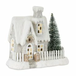 Cheap 👏 10.5" Light-Up White Cottage with Tree by Melrose ⌛
