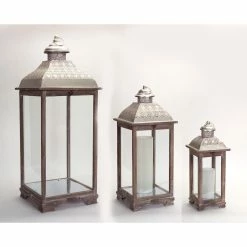 Best Pirce 🎁 Natural and Gray Wood & Metal Lantern Set, 19.75'', 26.5'' & 39'' by Melrose 🧨