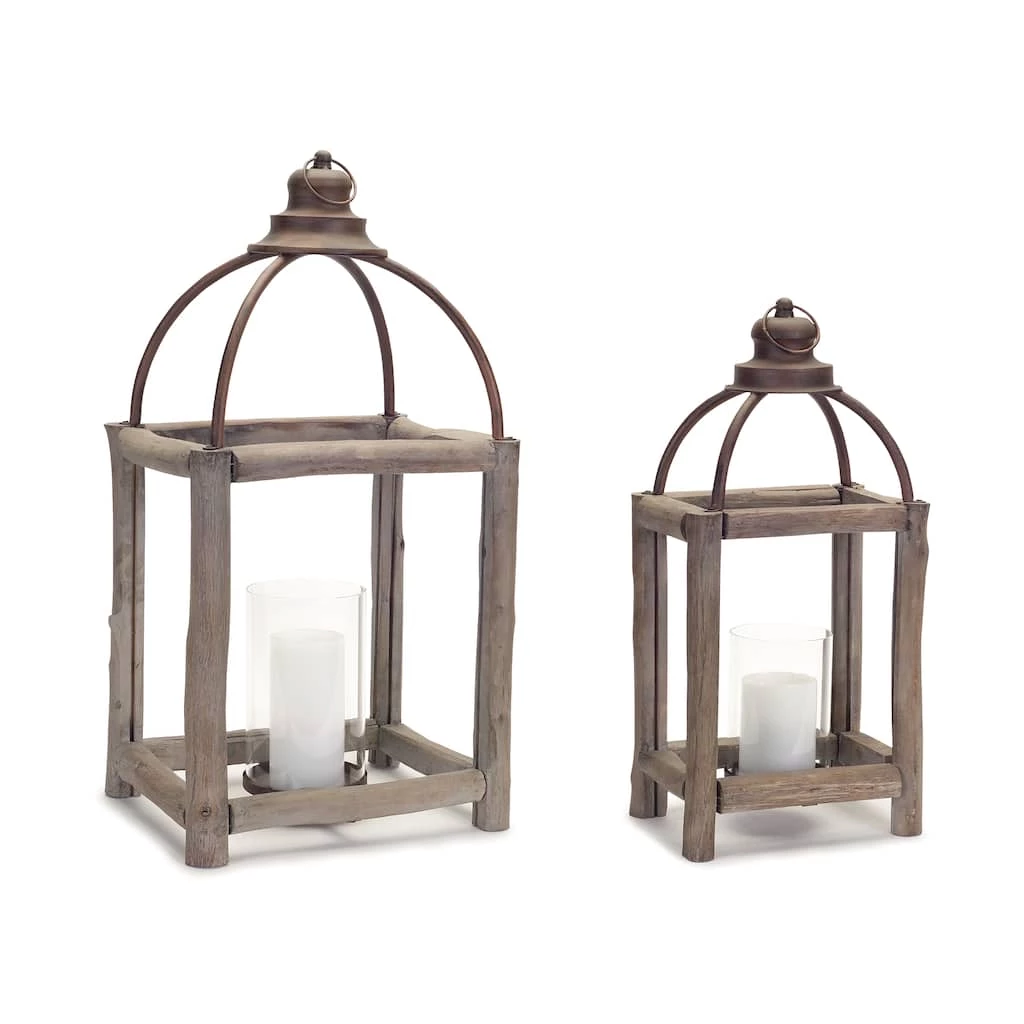 Budget π Natural and Copper Wood, Metal & Glass Lantern Set, 20.5'' & 26'' by Melrose π 3 Budget π Natural and Copper Wood, Metal & Glass Lantern Set, 20.5'' & 26'' by Melrose π
