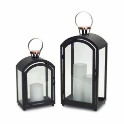 Deals 🤩 Black and Gold Metal & Glass Lantern Set, 15'' & 20'' by Melrose 🥰