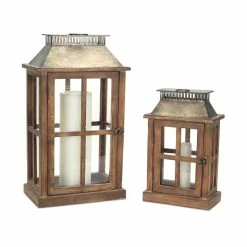 Buy 🛒 Natural and Gray Wood, Metal & Glass Lantern Set, 13.5'' & 20'' by Melrose ✨
