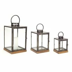 Budget ✨ Natural and Pewter Wood, Metal & Glass Lantern Set, 12'', 16.5'' & 21.5'' by Melrose 💯