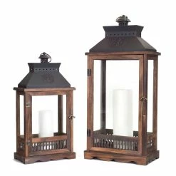 Best deal ⭐ Black and Brown Wood, Metal & Glass Lantern Set, 21'' & 27'' by Melrose 🛒